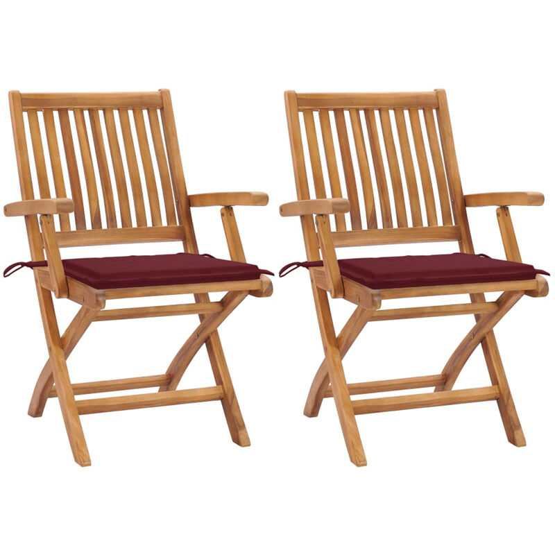

Sillas de jardin 2 uds con cojines rojo tinto madera de teca