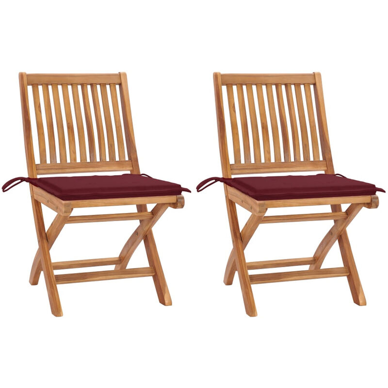 

Sillas de jardin 2 uds con cojines rojo tinto madera de teca