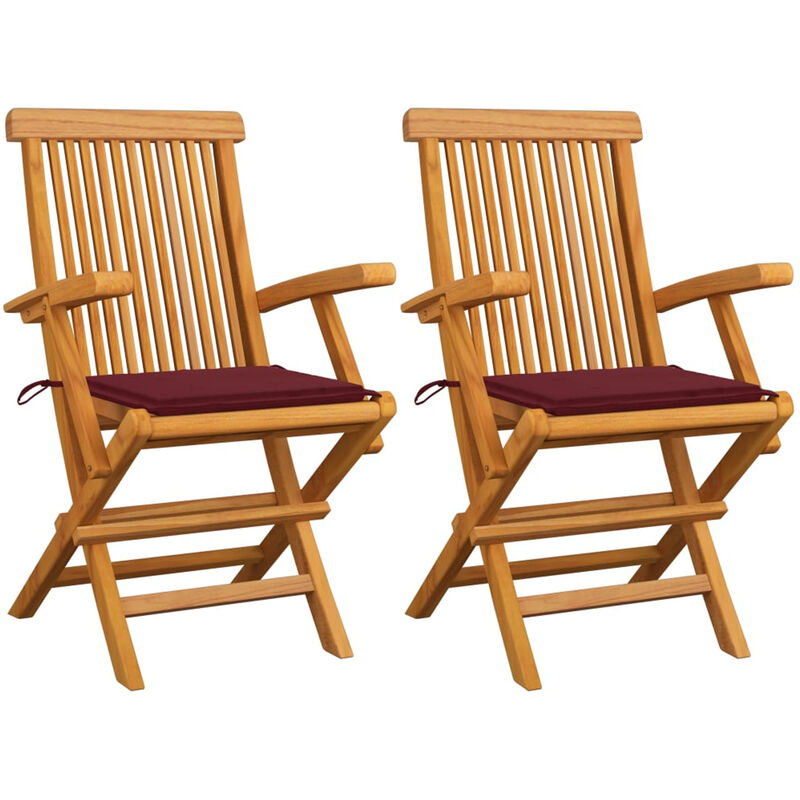 

Sillas de jardin 2 uds con cojines rojo tinto madera de teca