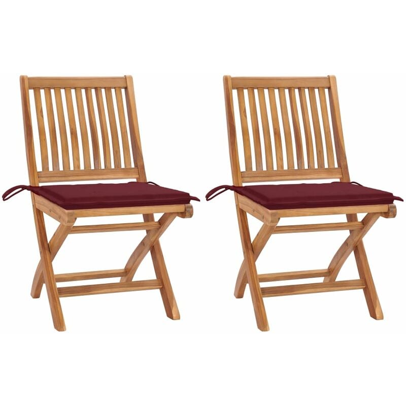 

Sillas de jardín 2 uds con cojines rojo tinto madera de teca