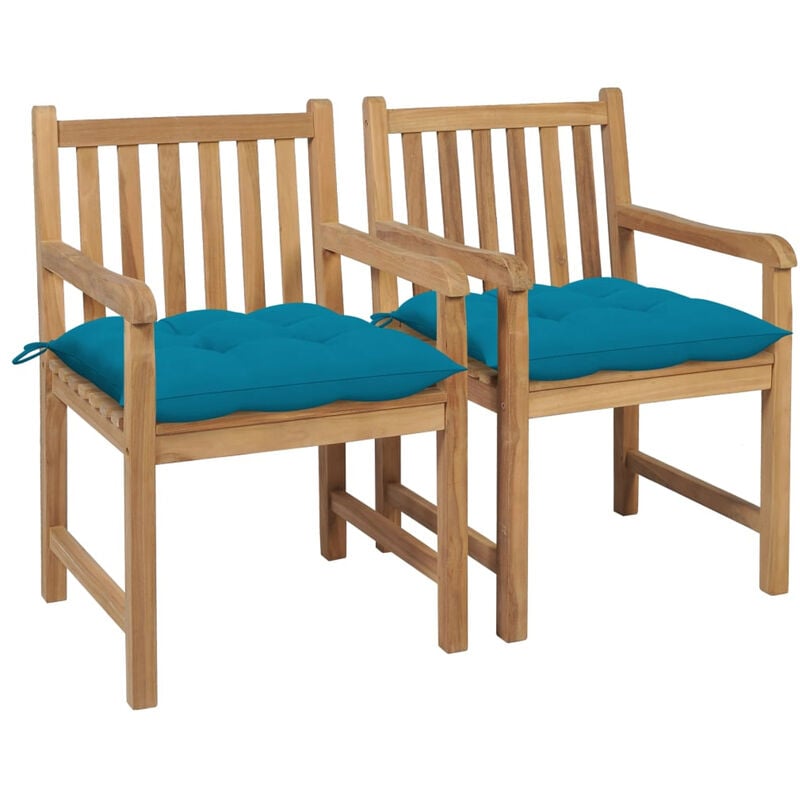

Sillas de jardin 2 uds madera de teca con cojines azul claro
