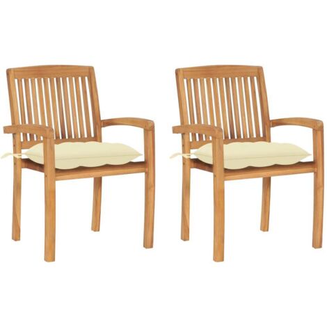 Sillas de jardín 2 uds madera de teca con cojines  crema