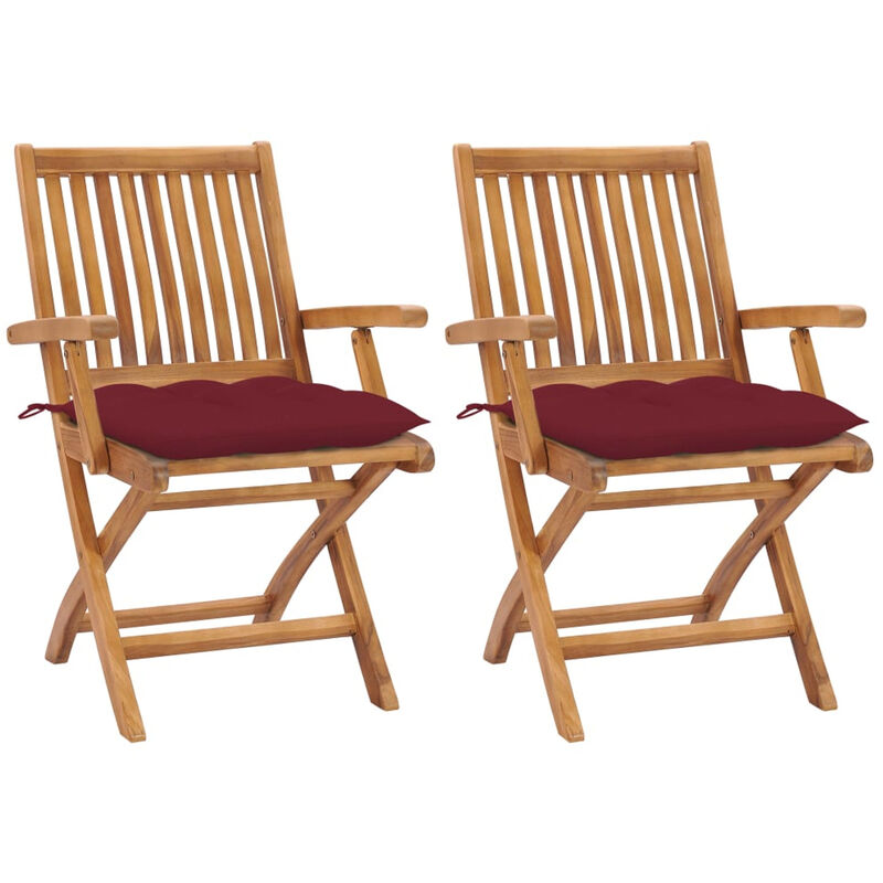 

Sillas de jardin 2 uds madera de teca con cojines rojo tinto