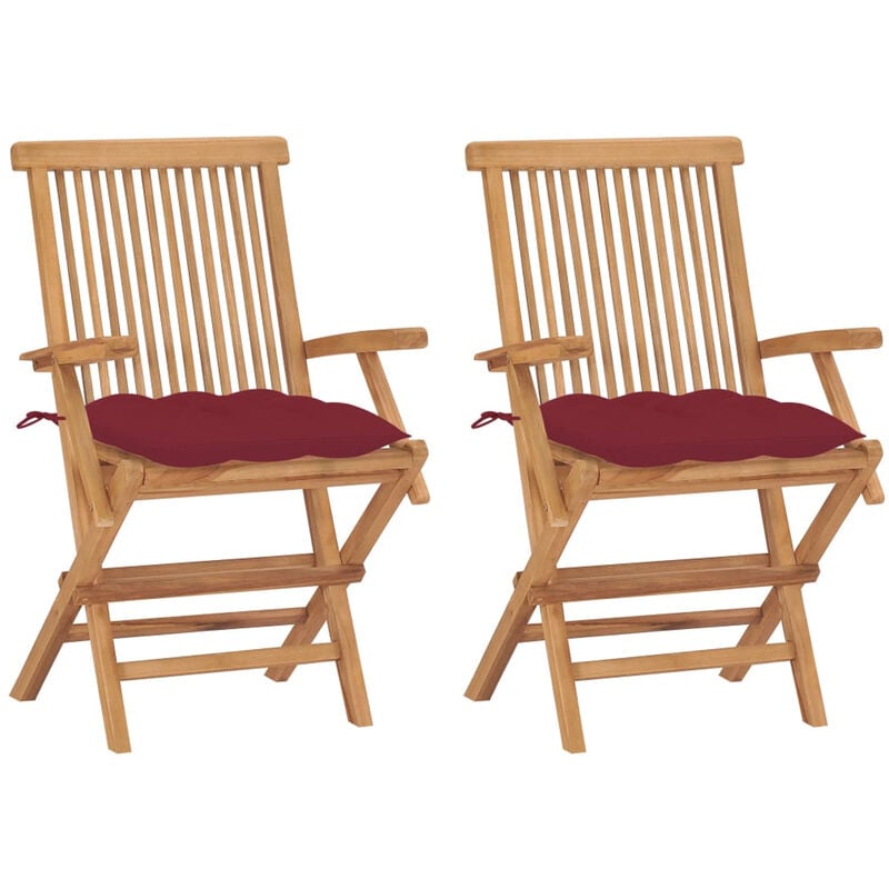 

Sillas de jardin 2 uds madera de teca con cojines rojo tinto