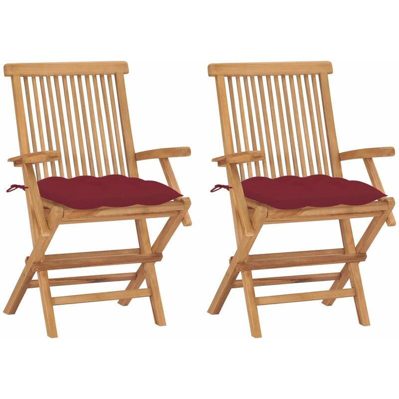 

Sillas de jardín 2 uds madera de teca con cojines rojo tinto