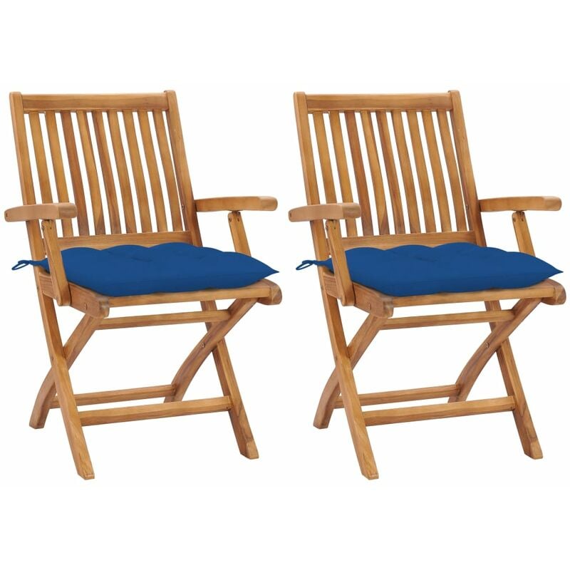 

Sillas de jardín 2 uds madera maciza de teca con cojines azul