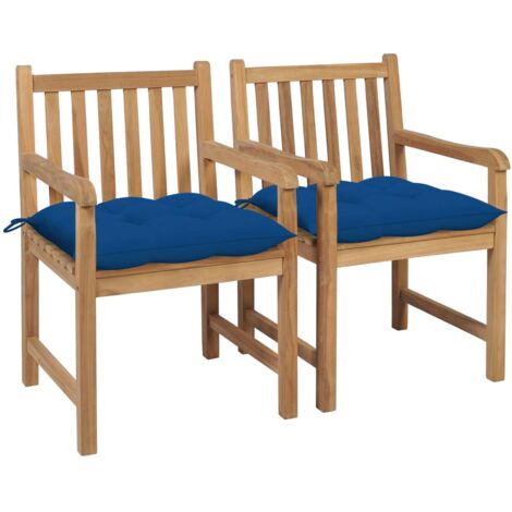 Sillas de jardín 2 uds madera maciza de teca con cojines azules