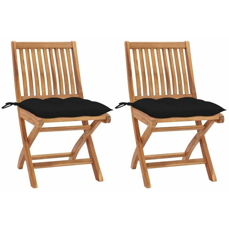 

Sillas de jardin 2 uds madera maciza de teca con cojines negros
