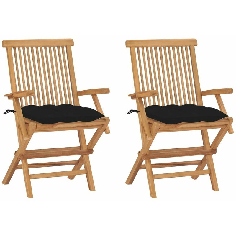 

Sillas de jardin 2 uds madera maciza de teca con cojines negros