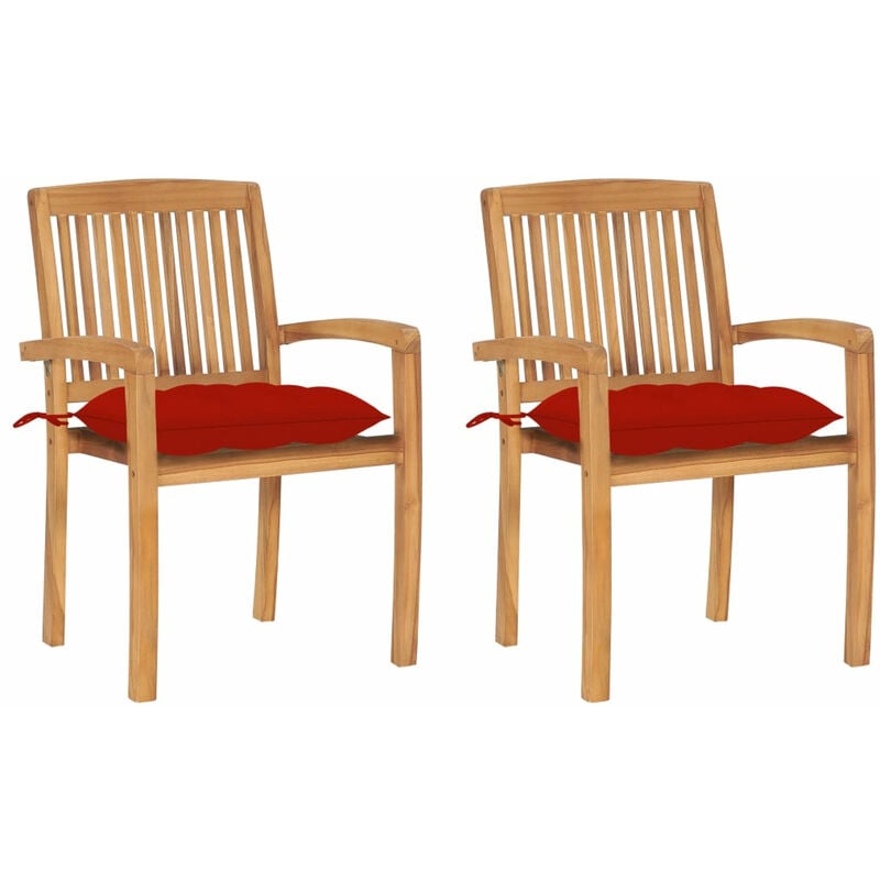 

Sillas de jardin 2 uds madera maciza de teca con cojines rojos