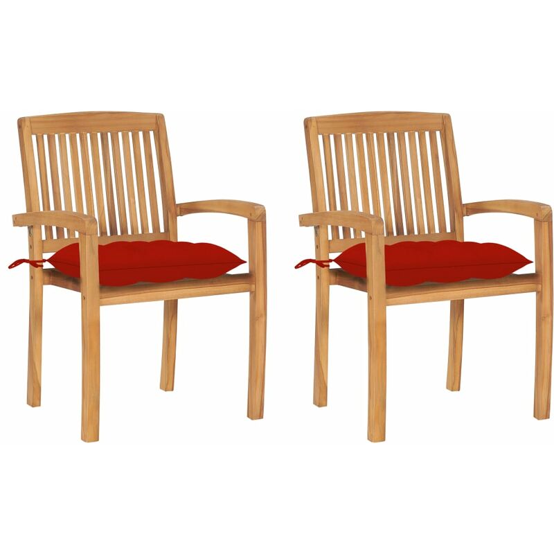 

Sillas de jardín 2 uds madera maciza de teca con cojines rojos