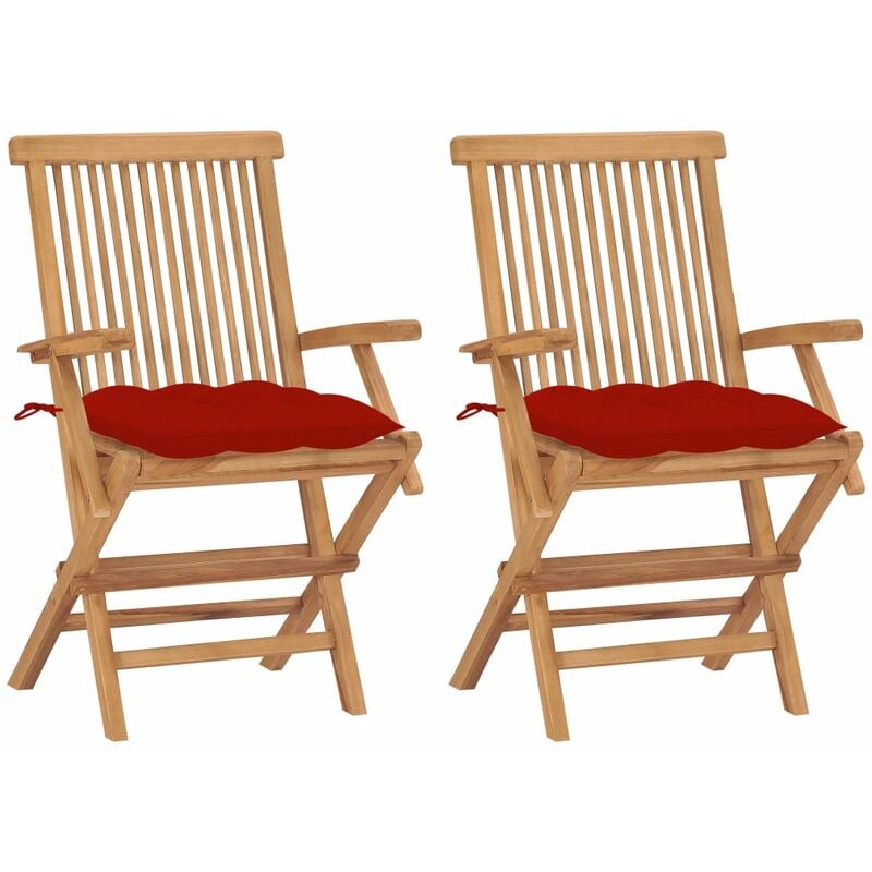 

Sillas de jardín 2 uds madera maciza de teca con cojines rojos