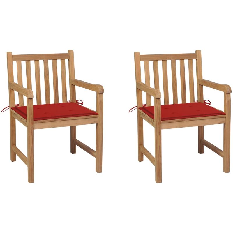 

Sillas de jardín 2 uds madera maciza de teca con cojines rojos
