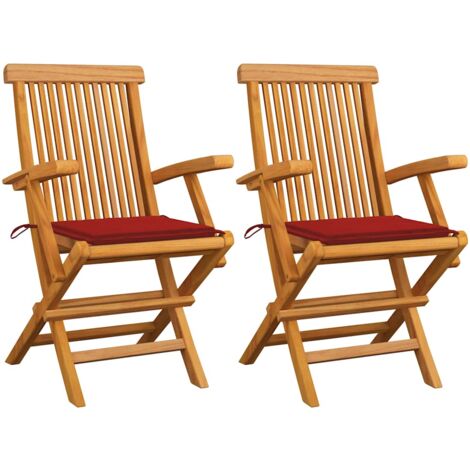 Sillas de jardín 2 uds madera maciza de teca con cojines rojos vidaXL