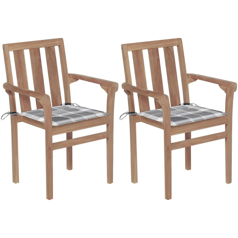 

Sillas de jardin 2 uds madera teca con cojines a cuadros gris