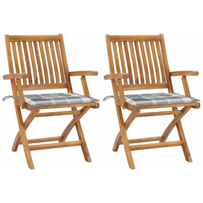 

Sillas de jardin 2 uds madera teca con cojines a cuadros gris