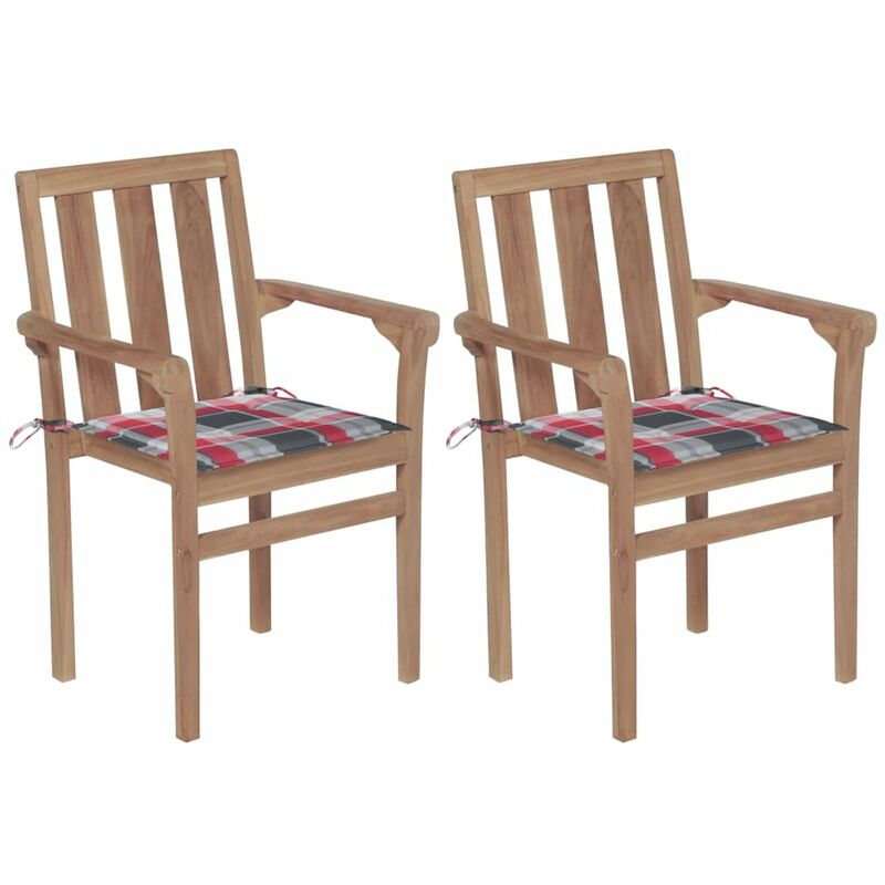 

Sillas de jardin 2 uds madera teca con cojines a cuadros rojos