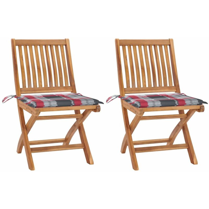 

Sillas de jardin 2 uds madera teca con cojines a cuadros rojos