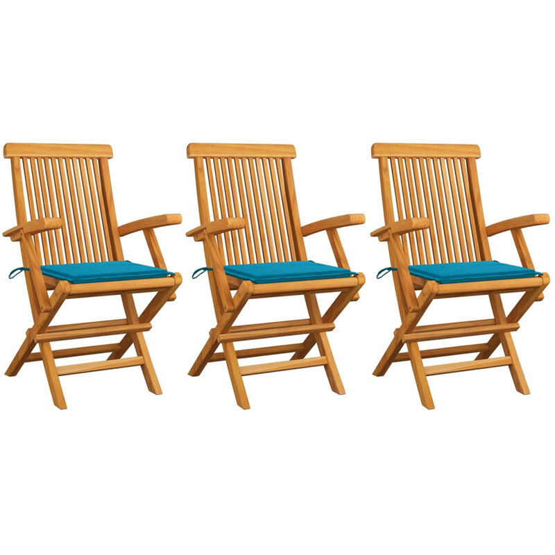 

Sillas de jardin 3 uds con cojines azules madera de teca