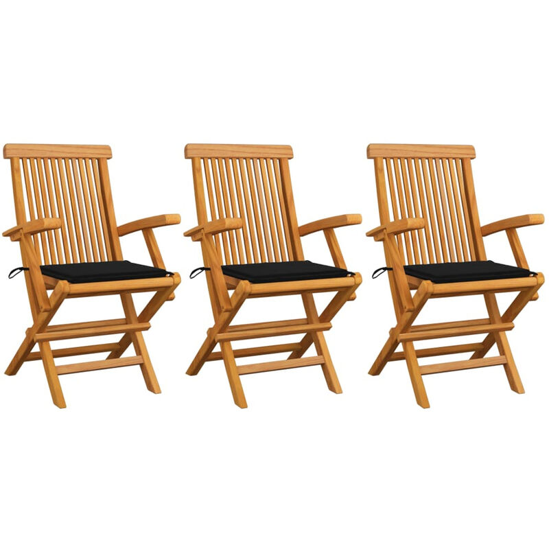 

Sillas de jardin 3 uds con cojines negros madera de teca
