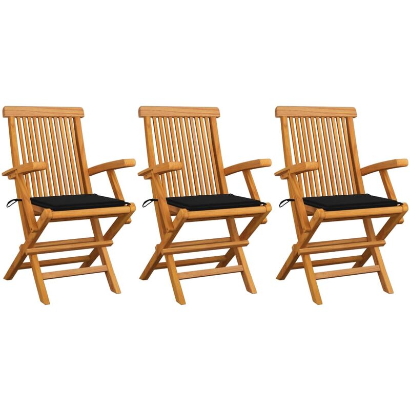 

Sillas de jardín 3 uds con cojines negros madera de teca
