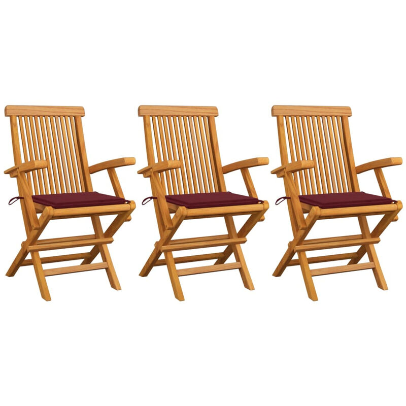 

Sillas de jardin 3 uds con cojines rojo tinto madera de teca