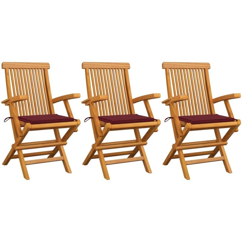 

Sillas de jardín 3 uds con cojines rojo tinto madera de teca