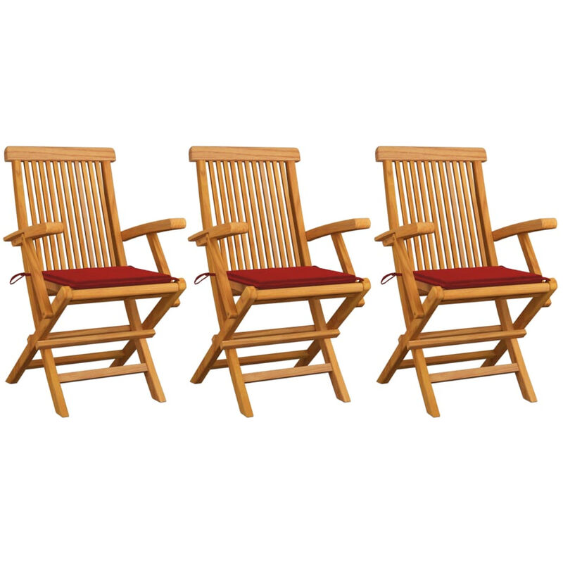 

Sillas de jardin 3 uds con cojines rojos madera de teca