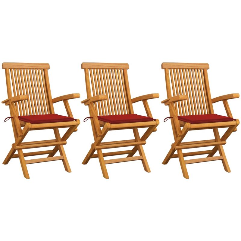 

Sillas de jardín 3 uds con cojines rojos madera de teca