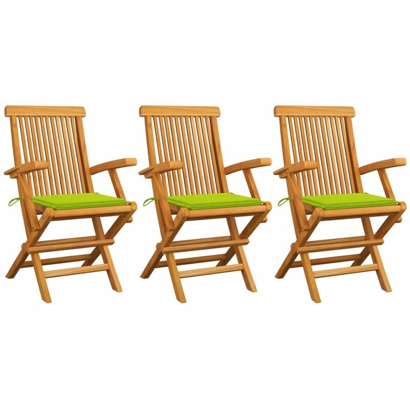 

Sillas de jardin 3 uds con cojines verdes brillante madera teca
