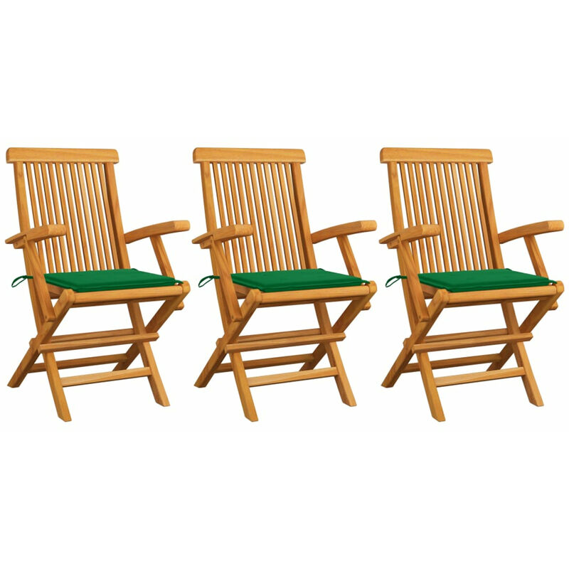 

Sillas de jardin 3 uds con cojines verdes madera de teca