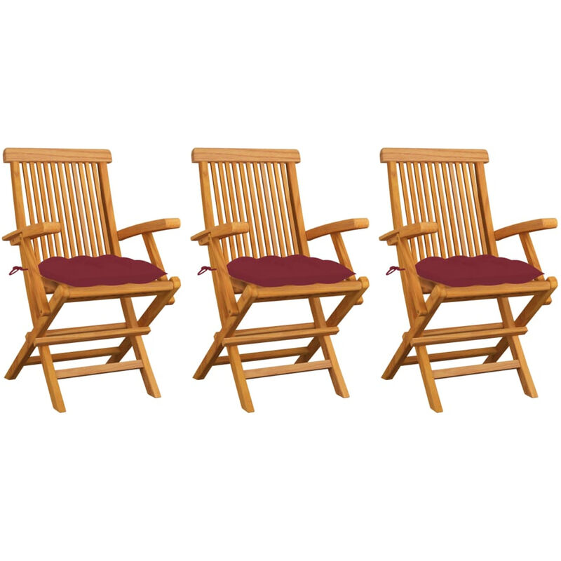 

Sillas de jardin 3 uds madera de teca con cojines rojo tinto