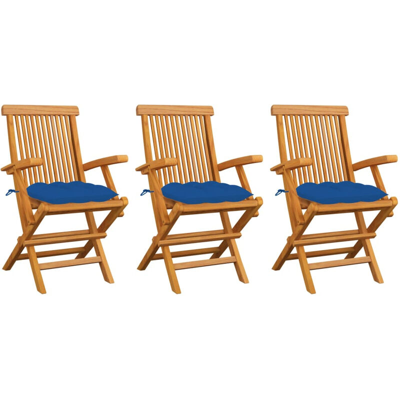 

Sillas de jardin 3 uds madera maciza de teca con cojines azules