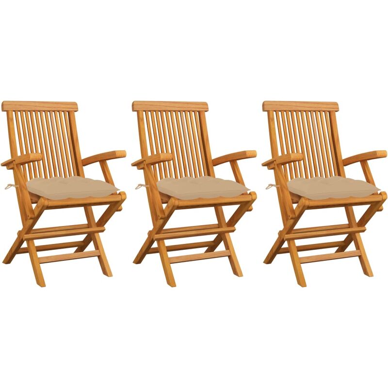 

Sillas de jardín 3 uds madera maciza de teca con cojines beige