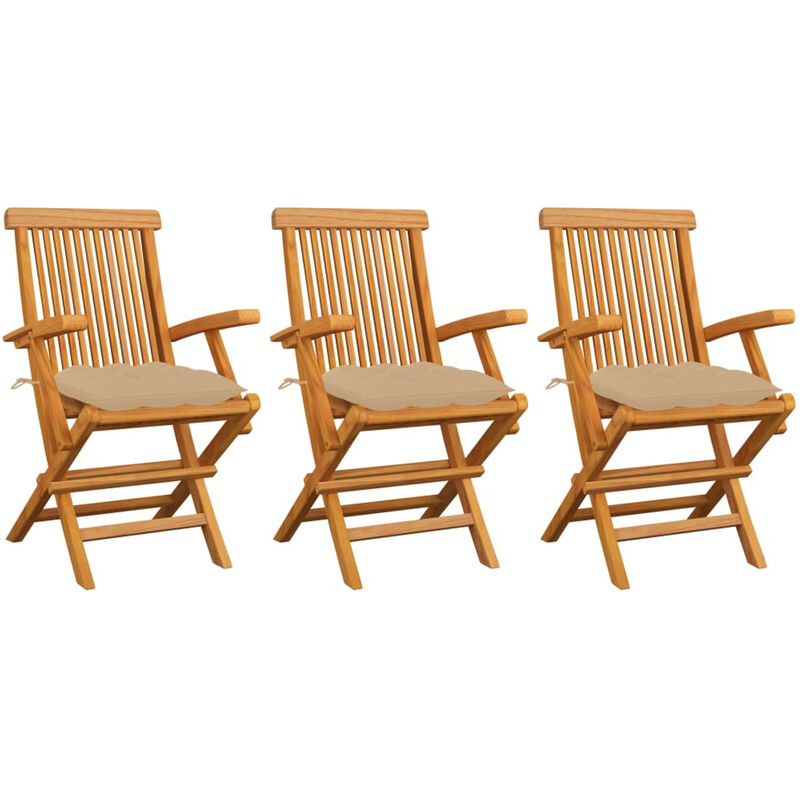 

Sillas de jardin 3 uds madera maciza de teca con cojines beige