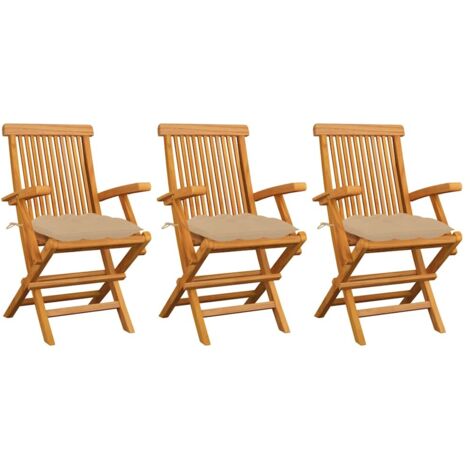 Sillas de jardín 3 uds madera maciza de teca con cojines beige