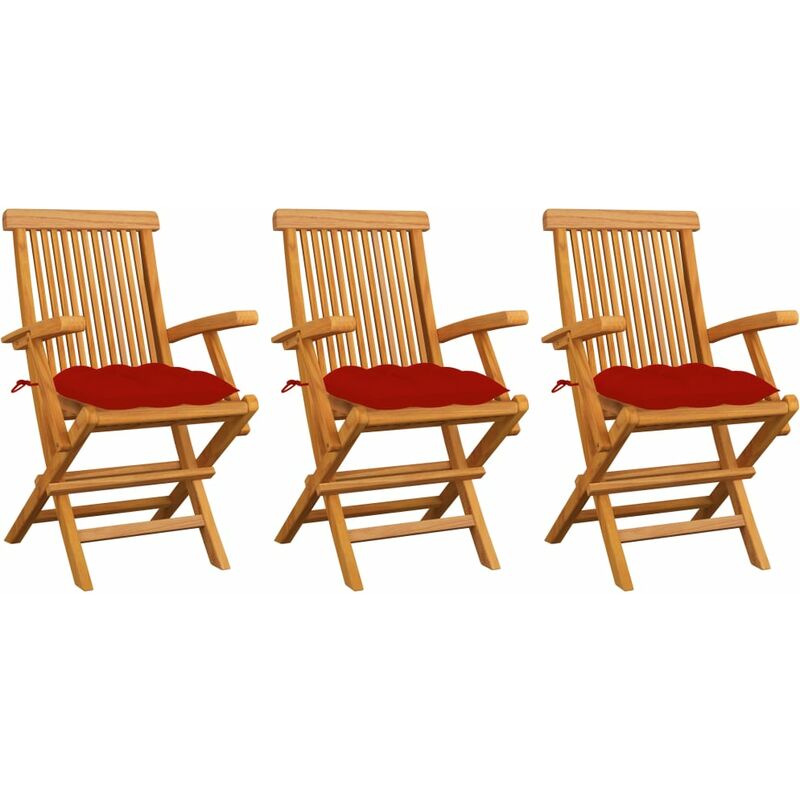 

Sillas de jardín 3 uds madera maciza de teca con cojines rojos