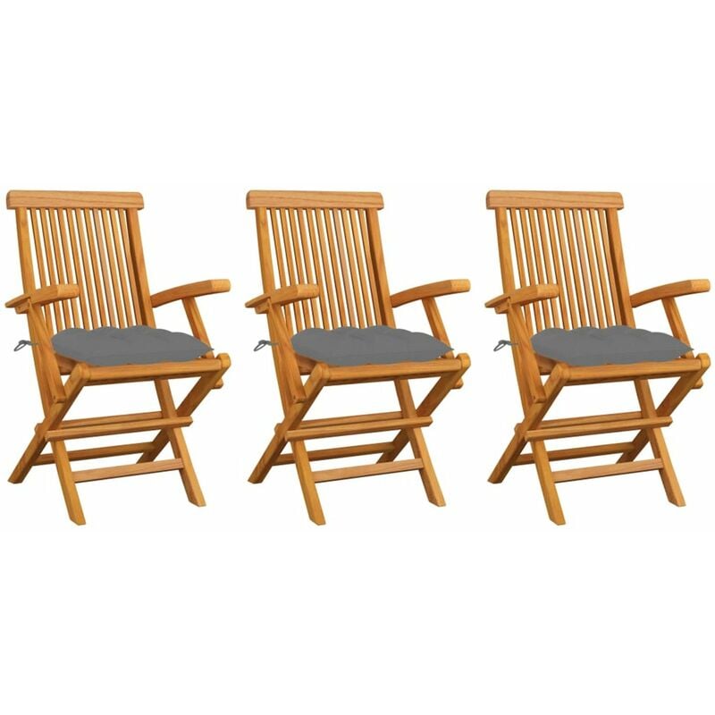 

Sillas de jardin 3 uds madera maciza de teca y cojines grises
