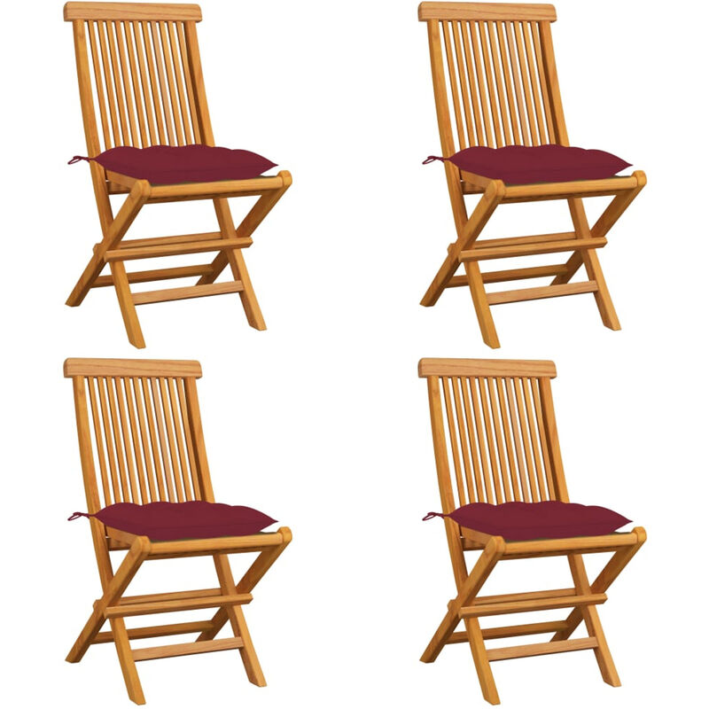 

Sillas de jardin 4 uds con cojines rojo tinto madera de teca