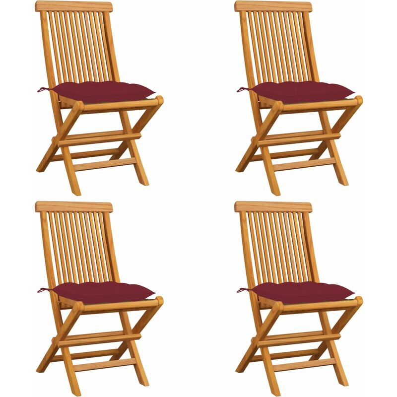 

Sillas de jardín 4 uds con cojines rojo tinto madera de teca
