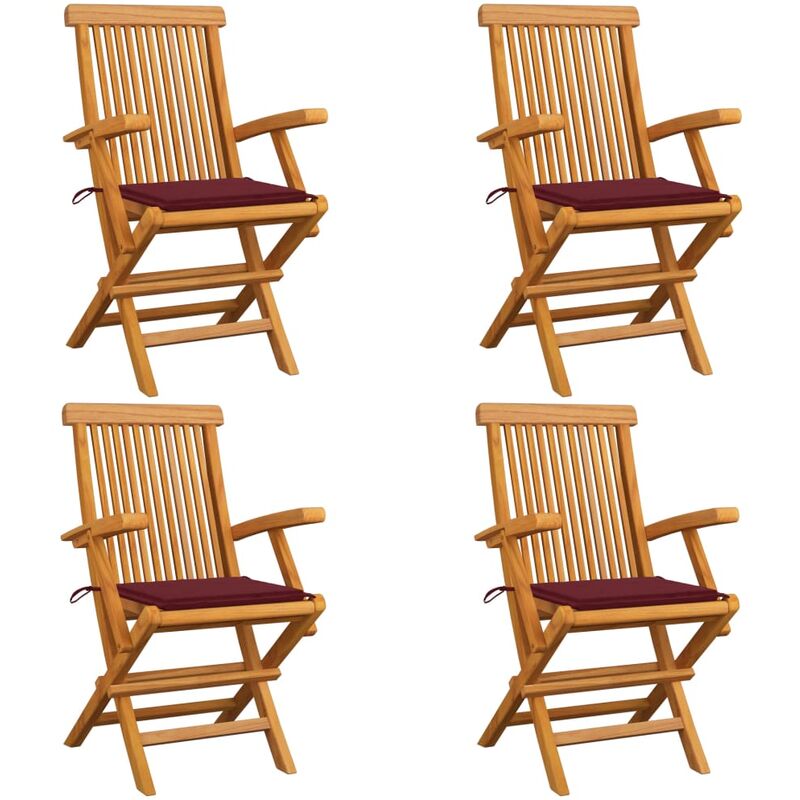 

Sillas de jardín 4 uds con cojines rojo tinto madera de teca