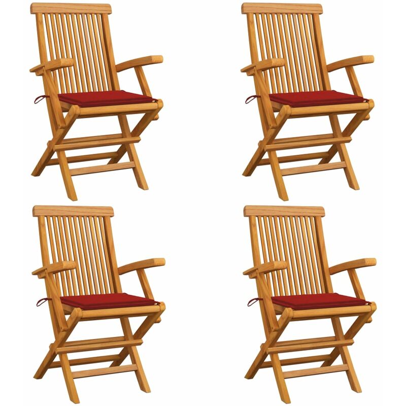 

Sillas de jardín 4 uds con cojines rojos madera de teca