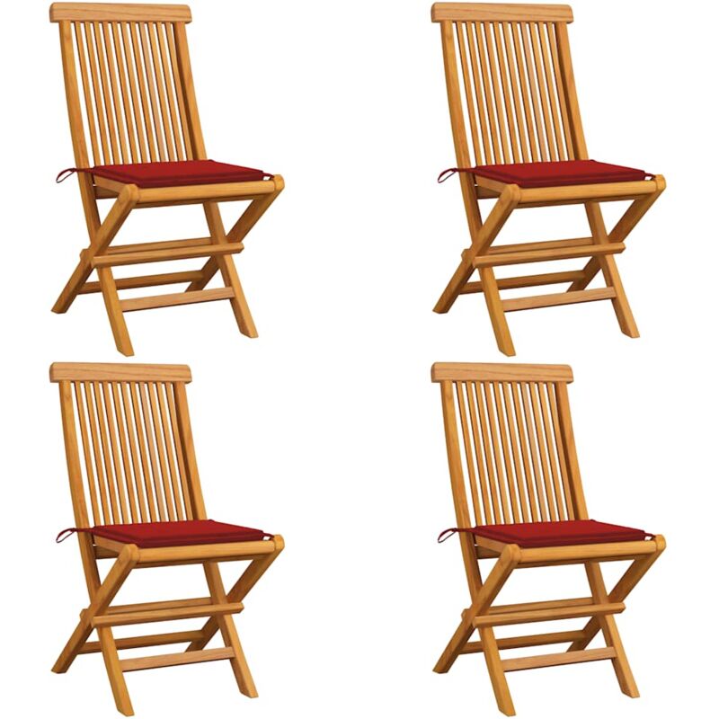 

vidaXL Sillas de jardín 4 uds con cojines rojos madera de teca - Rojo