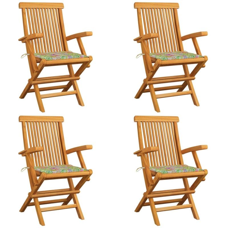 

Sillas de jardín 4 uds madera de teca cojines estampado hojas