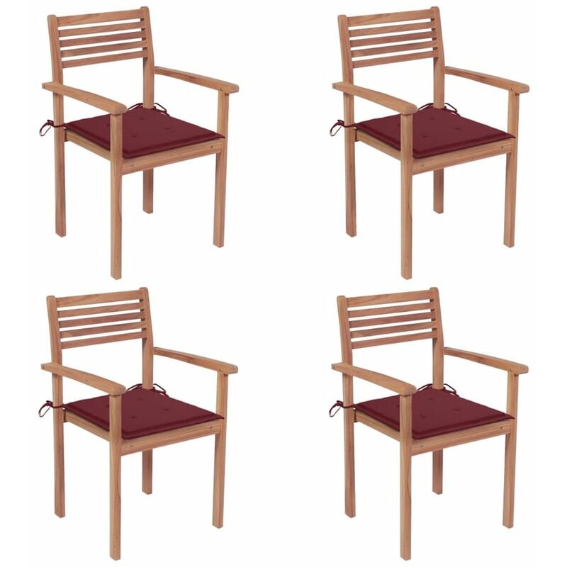 

Sillas de jardin 4 uds madera de teca con cojines rojo tinto