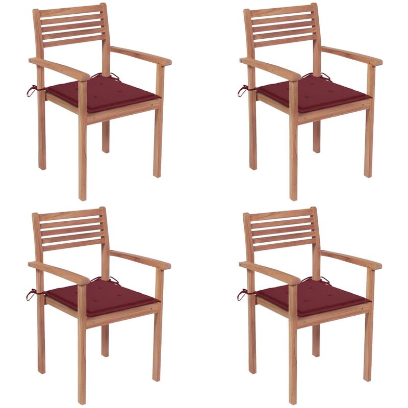 

Sillas de jardín 4 uds madera de teca con cojines rojo tinto