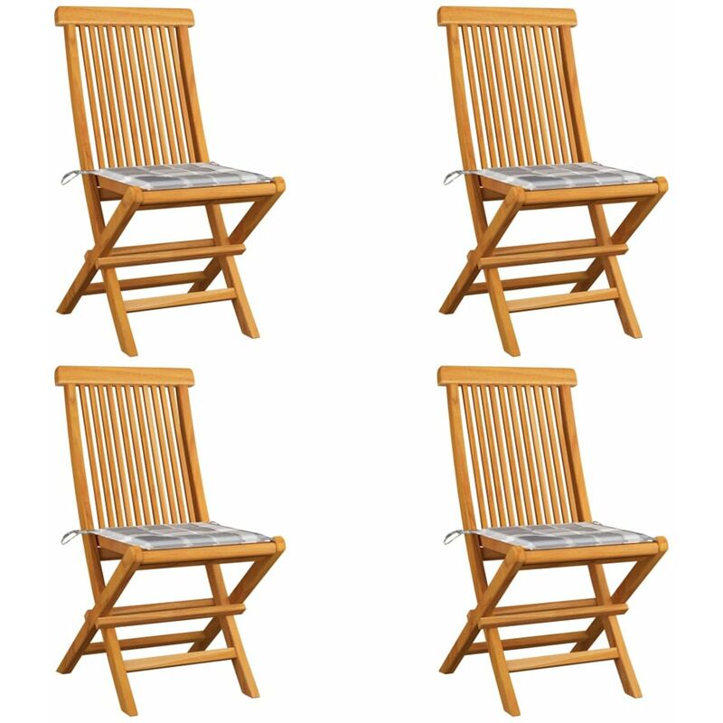 

Sillas de jardin 4 uds madera de teca y cojines a cuadros gris