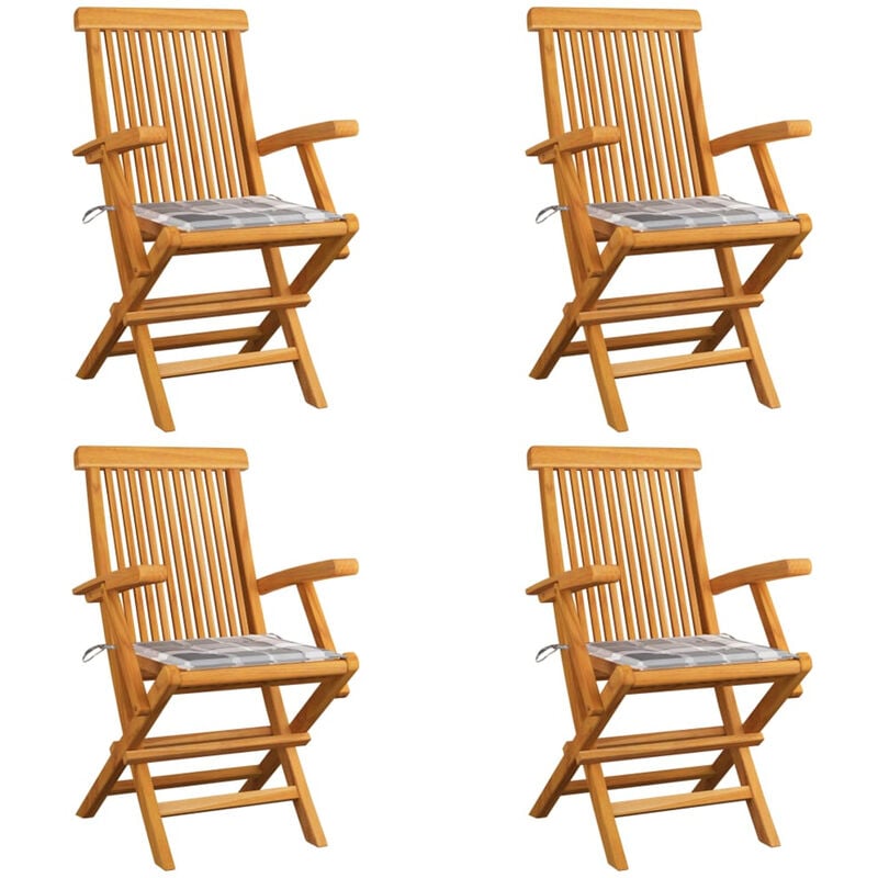 

Sillas de jardin 4 uds madera de teca y cojines a cuadros gris