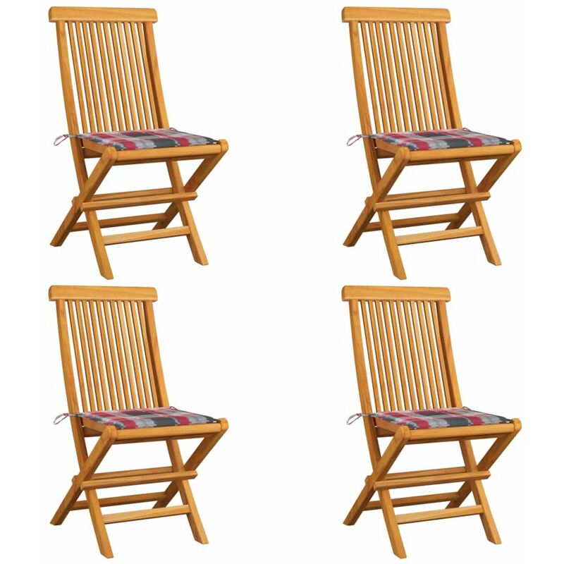 

Sillas de jardin 4 uds madera de teca y cojines a cuadros rojos