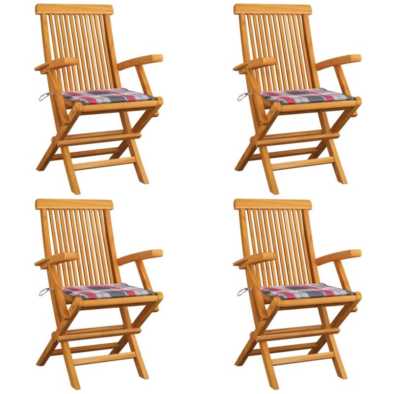 

Sillas de jardin 4 uds madera de teca y cojines a cuadros rojos
